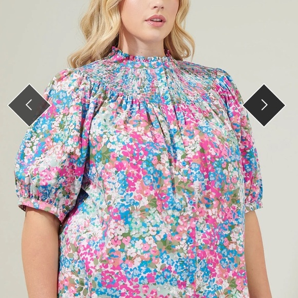 SUGARLIPS Avery Blossom Floral Smocked Mock Neck Top in Dusty Pink Size Small - Picture 5 of 12